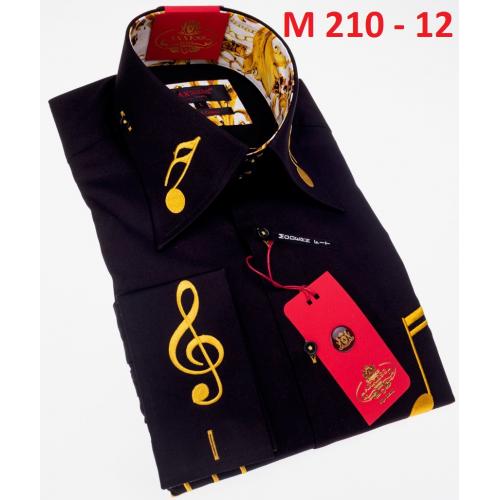 Axxess Black / Gold Music Note Embroidered Cotton Modern Fit Dress Shirt With French Cuff M210-12.